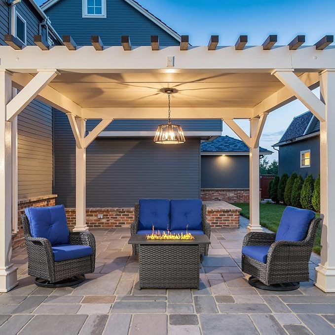 Belord 4 Piece Patio Furniture Set with Fire Pit Table - 41inch 50000 BTU Propane Fire Pit Table with High Back Loveseat Glider Chair and 2 Swivel Rocker Chair for Casual Gathering
