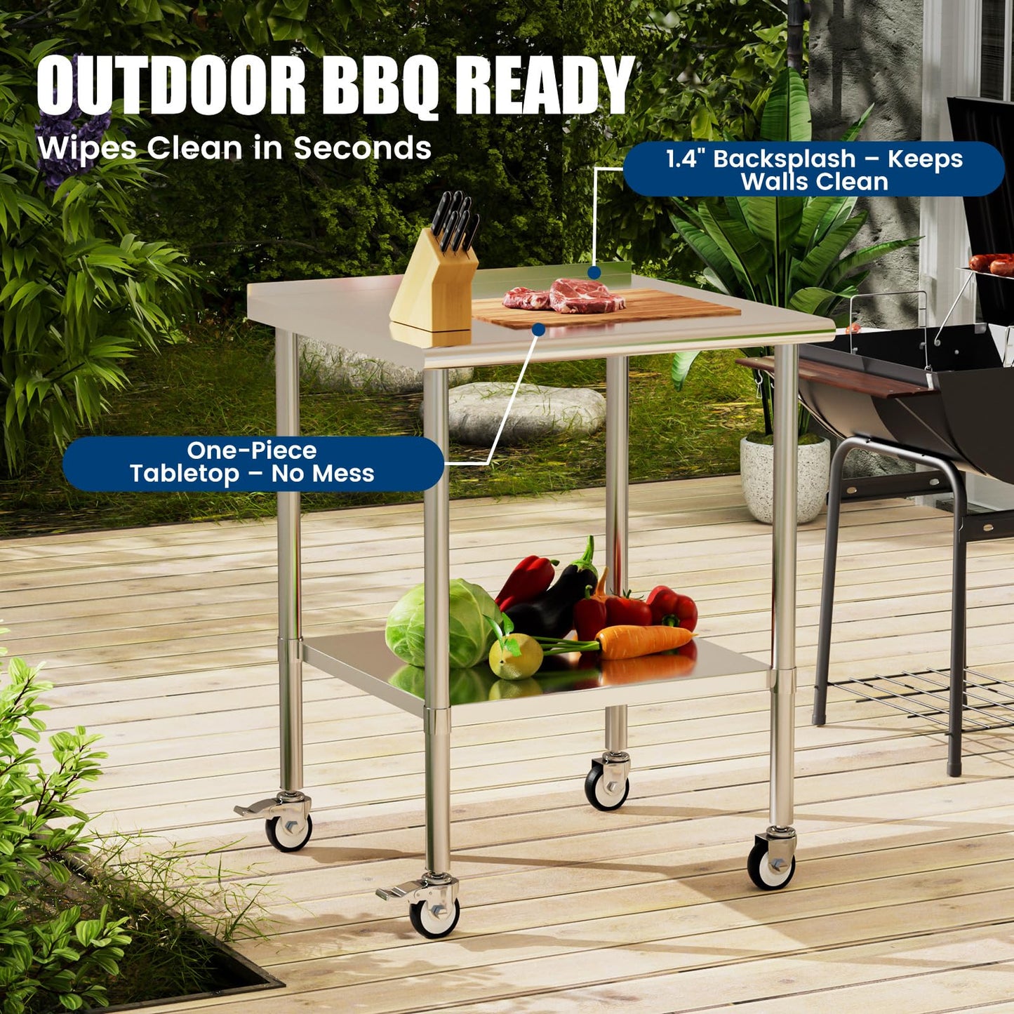 Stainless Steel Work Table with Wheels, 30x30 Inch NSF Food Prep Table with Backsplash & Adjustable Undershelf for Commercial Kitchen, Restaurant, Garage