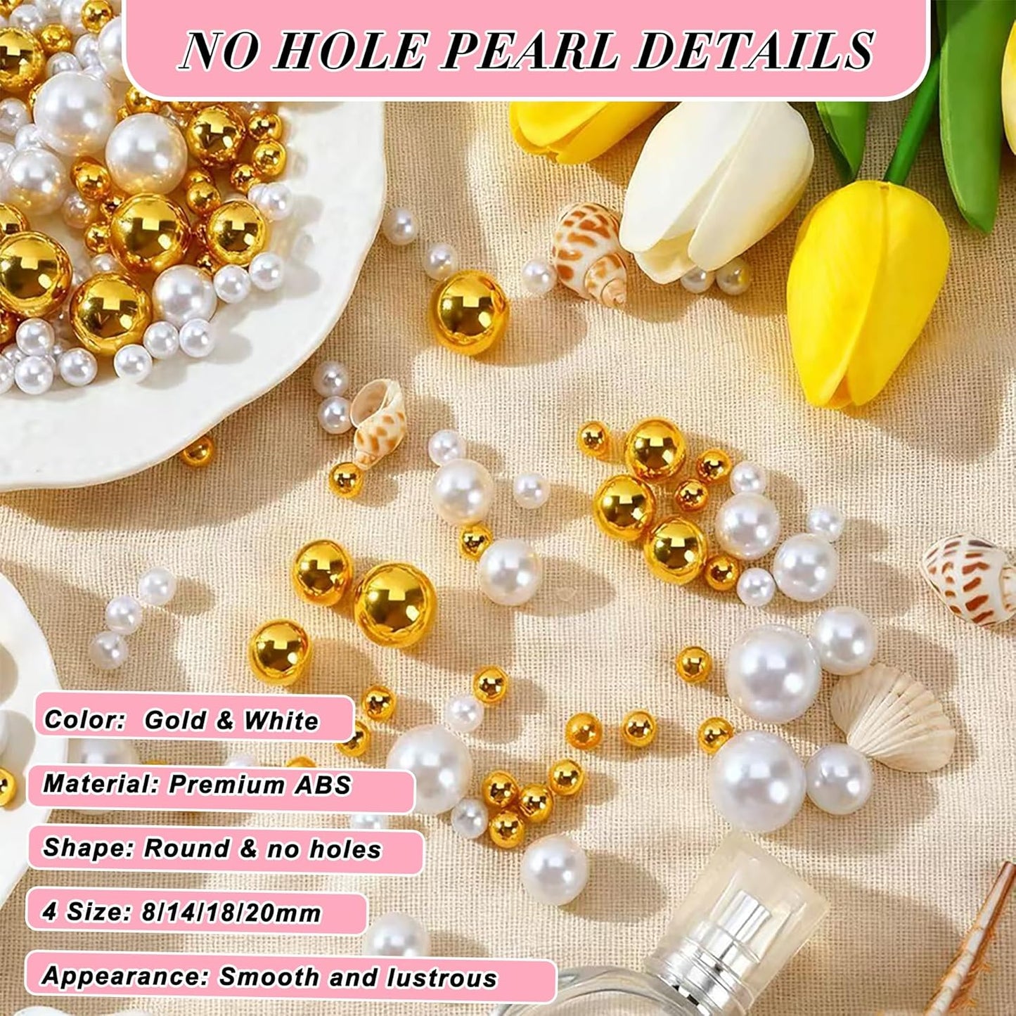 Pearl Beads No Hole Pearls for Crafting 180 Pcs Fake Pearls Faux Pearls for DIY Crafts Jewelry Making Vase Filler Floating Candle Wedding Birthday Party Home Decorations (Gold & Ivory, 8/10/14/20mm)