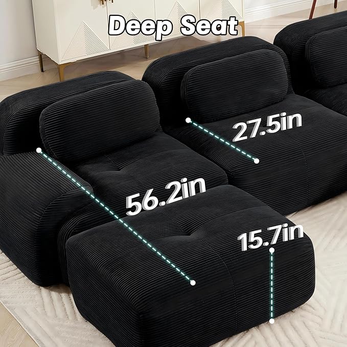 SoarFlash 81” Sectional Cloud Boneless Sofa Couches for Living Room-2 Seater L-Shaped Modern Lounge Couch-No Assembly Modular Corduroy Convertible Sponge Sleeper Sofas with Chaise for Home House,Black