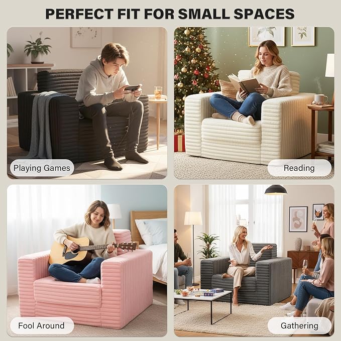 Welnow Folding Sofa Bed with Ottoman, Convertible 2-in-1 Boneless Couch Futon Lounge Chair Bed for Adults, Comfy Fold Out Sleeper Sofa for Small Spaces, Living Room, Bedroom, or Dorm, Beige
