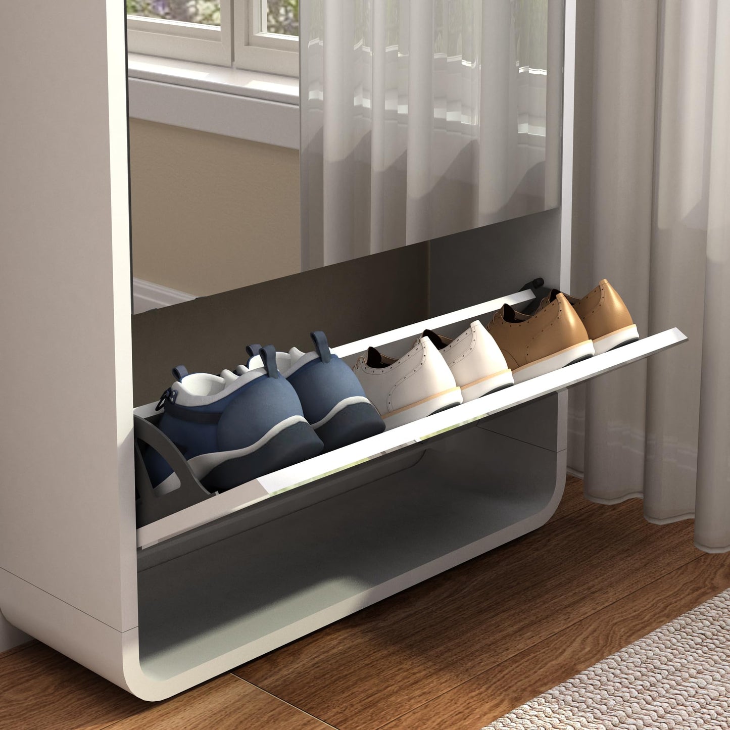 Slim Mirror Shoe Cabinet for Entryway, Narrow Freestanding Shoe Rack with Flip Drawers and Full-Length Mirror, Wood Shoe Storage Organizer for Living Room, Hallway, Closet, and Apartment, White.