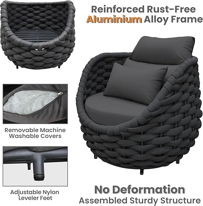 Erotr Aluminum Rope Patio Furniture Set: 6 Pieces Assembled Outdoor Conversation Sofa Set for 7 - Modern Metal Couch Set Cushioned - All Weather Porch Seating for Deck Garden Lanai Hotel, Dark Gray