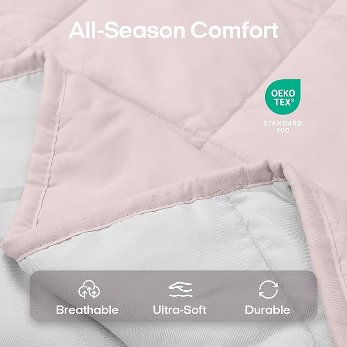ZonLi Weighted Blanket for Adults(48"x72",15lbs, Pink/Light Grey) Twin Size High Breathability Cooling Heavy Blanket, Soft Material with Premium Glass Beads,All-Season.