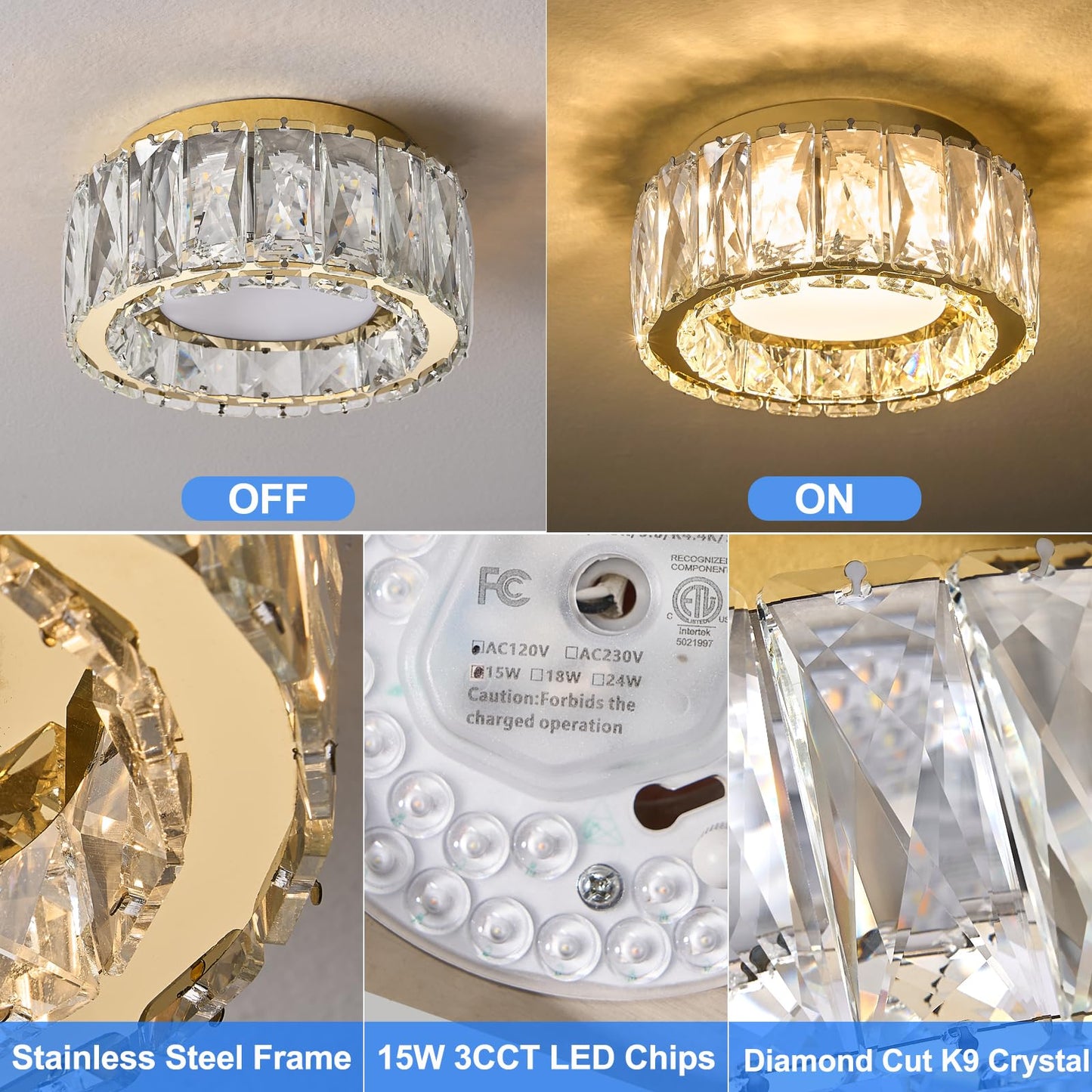 Suenigle Modern Dimmable LED Luxury Crystal Gold Flush Mount Ceiling Light Fixture,7.87 Inch 15W,3CCT,mini Round Close to Ceiling Chandelier for Hallway,Kitchen,Laundry Room,Entryway
