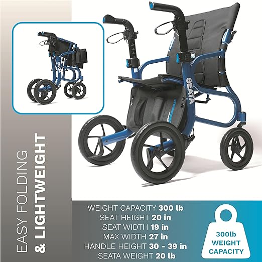 Strongback Mobility Seata Rollator Walker with Seat for Seniors - Lightweight Foldable Adult Mobility Aid with Wheels and Brakes, Ergonomic Back Support, Adjustable Height, 19.6" Width, 300lb Capacity