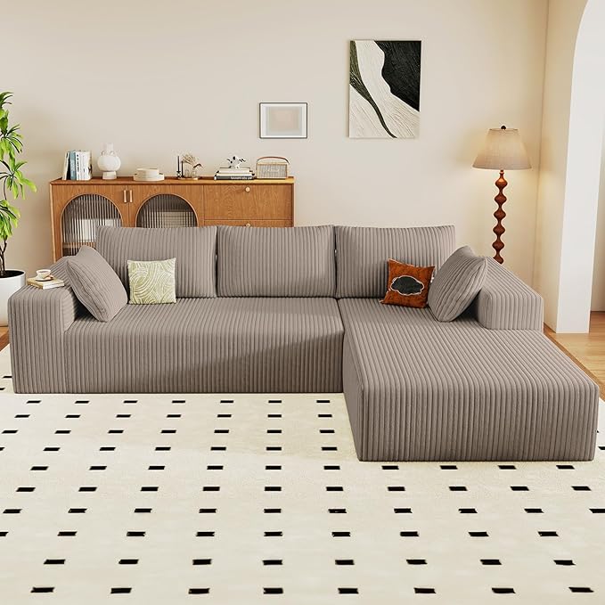 96" Cloud Sectional Couch with L-Shape Chaise, Modern Corduroy Boneless Couch for Living Room,Memory Foam Sofa with Deep Seat,No Assembly Required (Camel,Right-Facing Chaise)