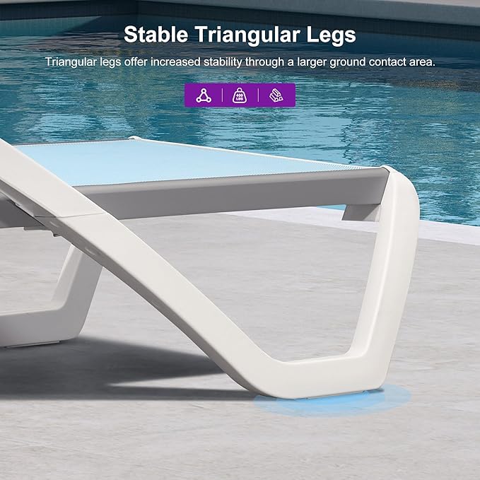 PURPLE LEAF Patio Chaise Lounge Chair Set of 3 Outside Aluminum Plastic Stackable Tanning Chairs with Armrests and Side Table for Pool Sunbathing Beach Deck Outdoor Lounger, Light Blue