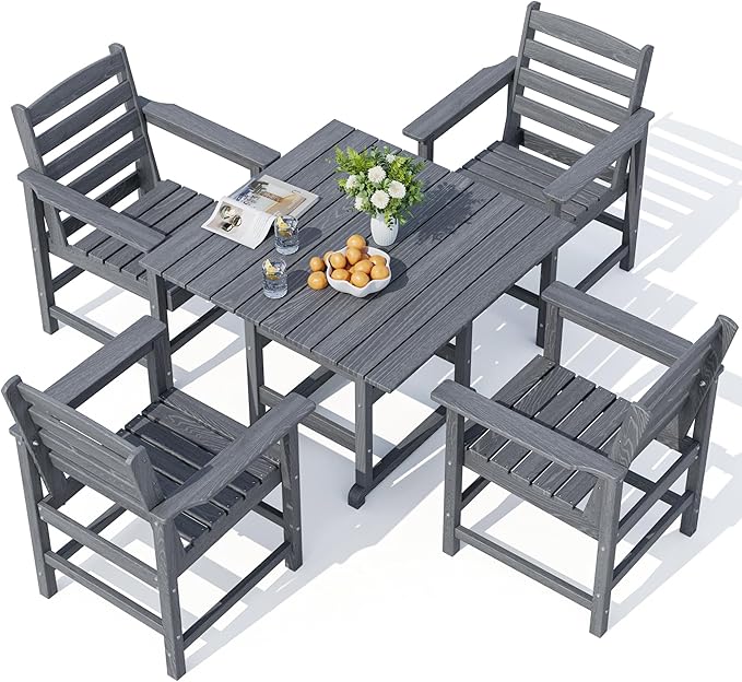 PamapicLife Outdoor HDPE Dining Table Set, 5-Piece All-Weather HDPE Outdoor Table and Chairs with Elegant Armrest, Wood Grain Patio Furniture Sets with Umbrella Hole for Porch, Backyard, Gray