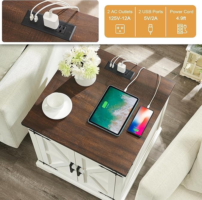 Barnyatoh Farmhouse End Table with Charging Station,24" Large Sofa Side Table with Barn Door, Rustic Wood Square Nightstand Bedside Table with Adjustable Shelf for Living Room, Bedroom,Antique White