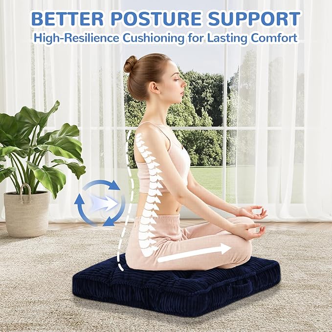 PRIMEPATIO Square Floor Pillow for Adults, Tufted Floor Cushion for Sitting, Large Meditation Cushion, Thick Corduroy Seat with Handle, Tatami Seating for Yoga, 24x24 Inch Navy Blue, 2Pack