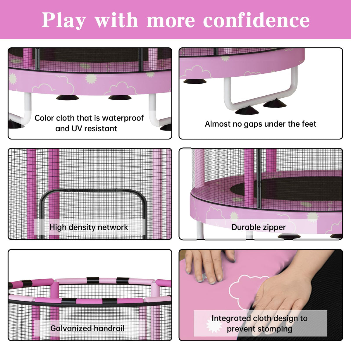 Lamerge 55" 7-in-1 Toddlers Trampoline for Kids, Upgrade Mini Trampoline with Safety Net, Indoor＆Outdoor Toy for Kids 3-8, 500lbs Capacity Trampoline for Boys & Girls, Adjustable Height – Pink Cloud
