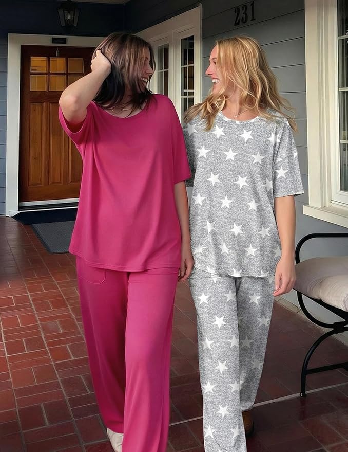 Ekouaer 2 Pack Womens Pajama Sets Short Sleeve Tops and Long Pants Casual Comfy Pjs Lounge Set with Pockets,S-XXL