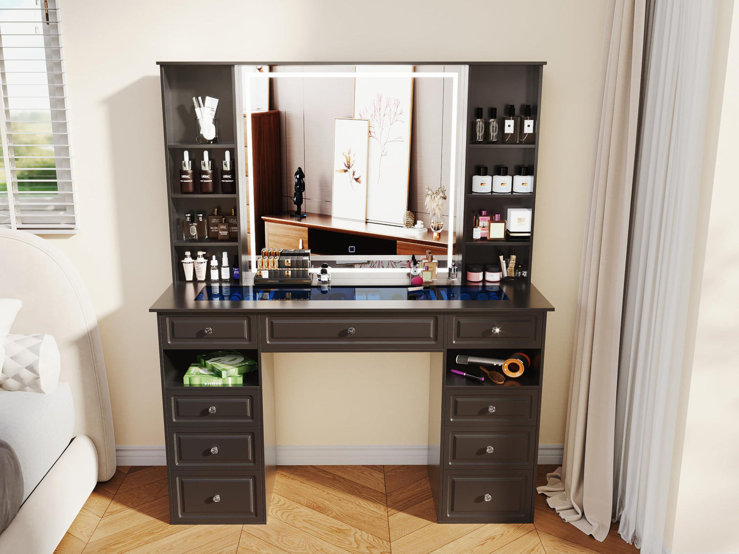 Jartoil Extra Large Vanity Desk with Lighted Mirror, 47" Makeup Vanity with Glass Top, Black Vanity Table with 9 Drawers, Tall Vanity with Crystal Knobs for Bedroom (Minimalist Style)