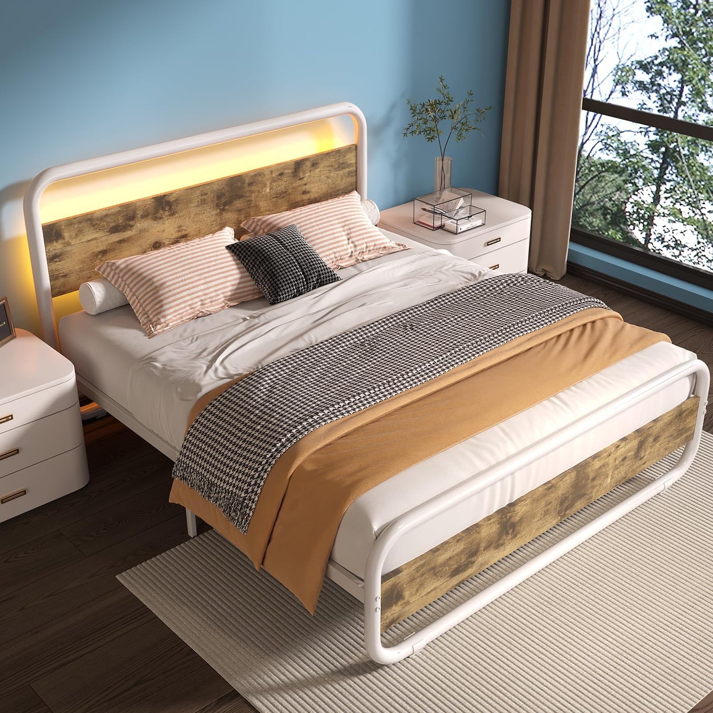 Catrimown Queen Size Bed Frame, Queen Bed Frame with Led Headboard, Metal Platform Bed Frame with 12" Under Bed Storage, Noise Free, No Box Spring Needed, White