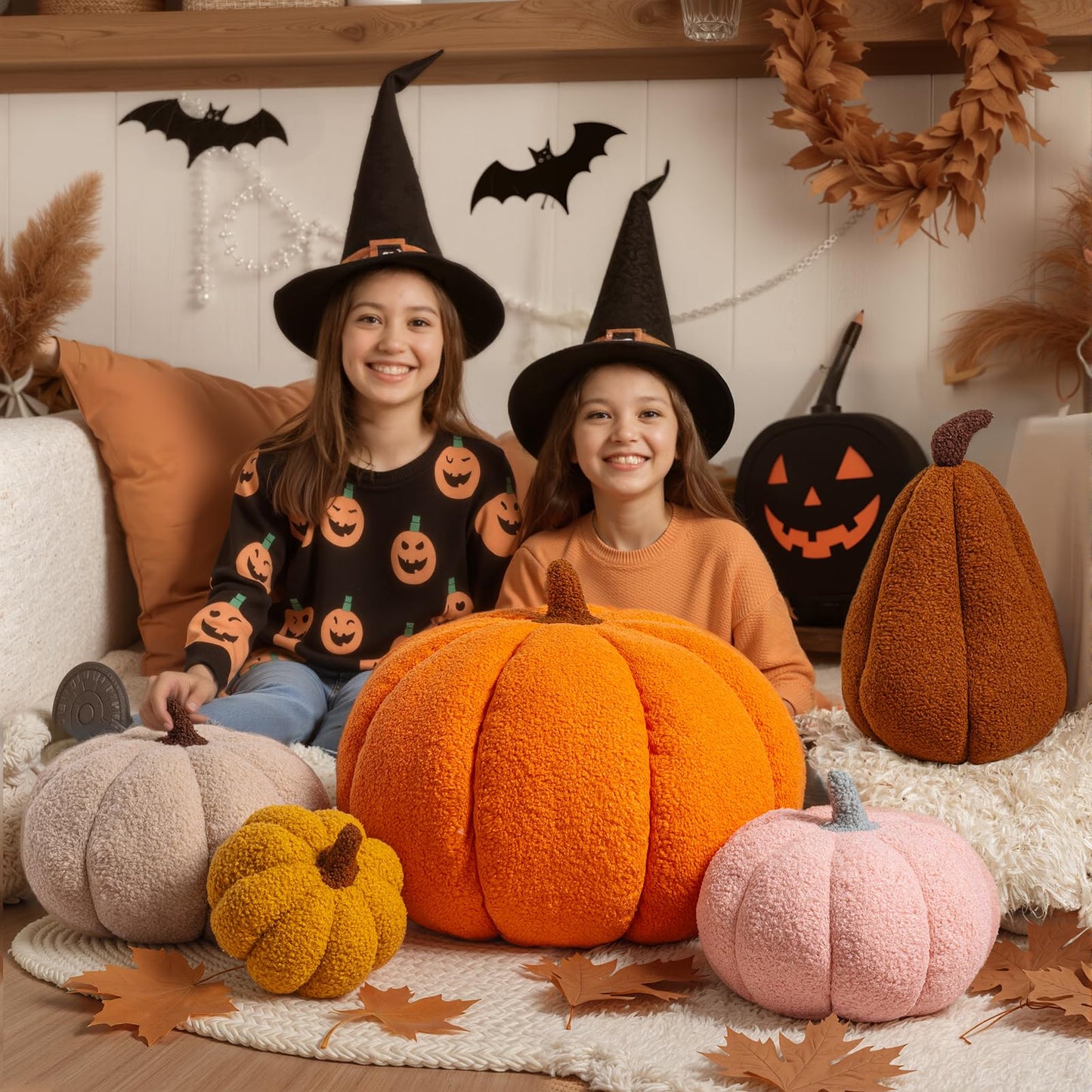 Lanpn Fall Pumpkin Pillows Set of 2, Halloween Decoration Plush Throw Pillows Soft Fleece Sherpa Cute 3D Shaped Cushion for Sofa Couch Bedroom Autumn Thanksgiving (Orange, 12.6x8.7in & 9x5.9in)