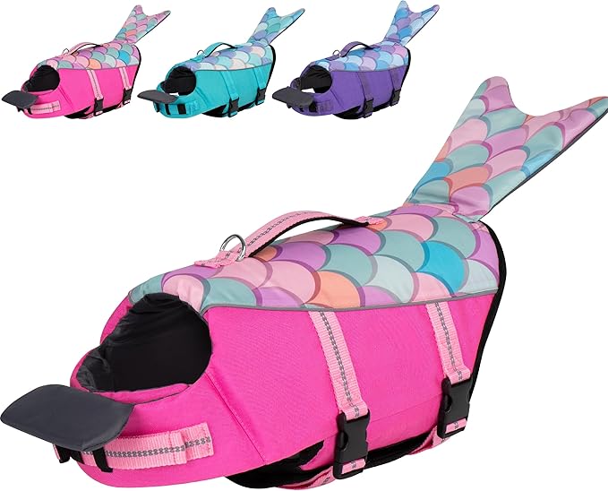 cyeollo Dog Life Jacket Mermaid Safety Dog Vest with Rescue Handle for Swimming Boating Dogs Life Jacket for Small Dogs