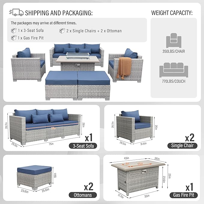 WAROOM Patio Furniture Set 6 Piece Grey Wicker Outdoor Sectional Sofa Balcony Furniture Couch PE Rattan Conversation Sets with Fire Pit Table, Blue Cushion