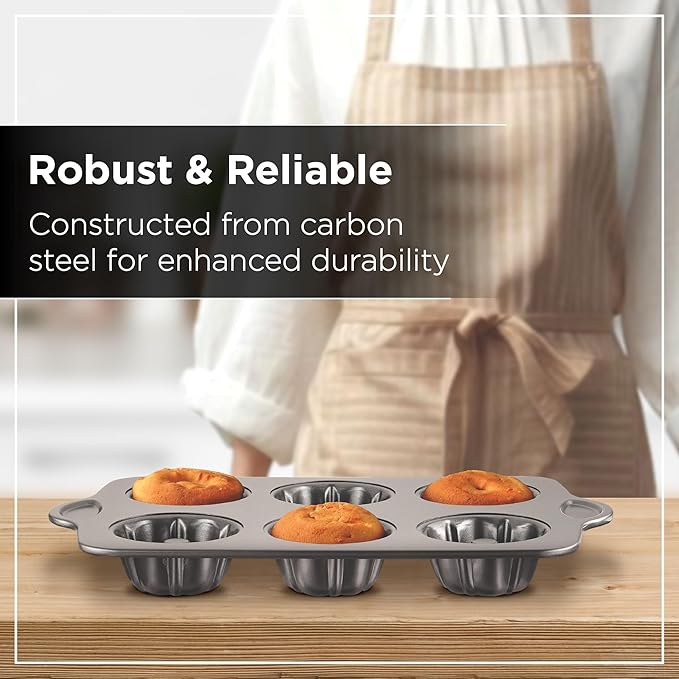 Wrenbury Set of 2 Nonstick Mini Buntz Cake Pan Non Stick for Baking - 6 Cup Bundlette Fluted Cake Tin for Small Cakes - PFOA Free and Dishwasher Safe - 3.75” Cup Width