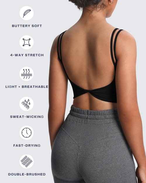 Aoxjox Women's Workout Sports Bras Fitness Yoga Crop Tank Twist Back Cami (Black 3 Pieces Pack, Medium)