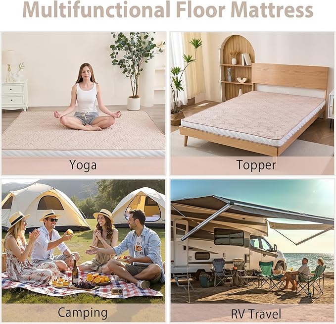 Zelladorra Japanese Floor Mattress, Quilted Futon Mattress with Anti-Slip Bottom, Foldable Floor Bed with Storage Bag and Straps, (Beige, Full)
