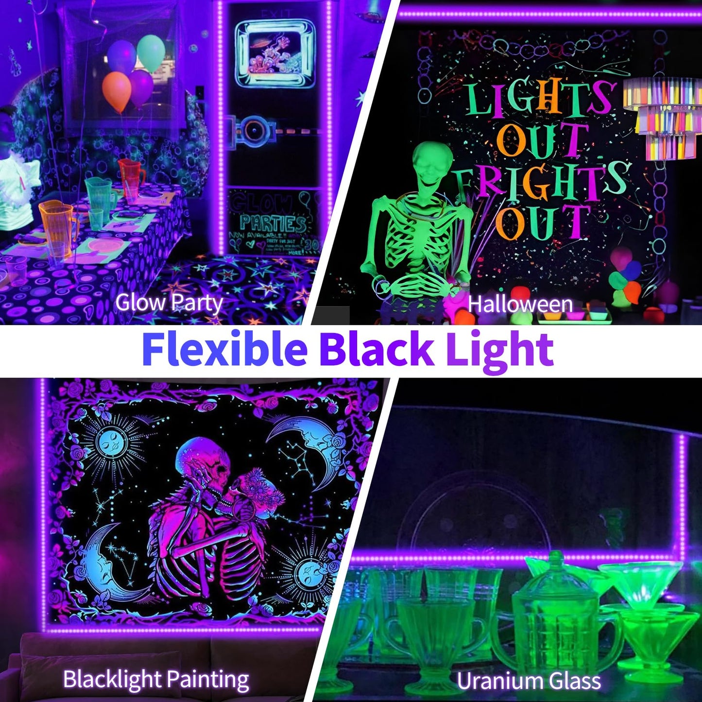 SHGPODA 66 Foot Black Light Strip & Remote, 1200LEDs, Dimmable 12V Flexible Black Lights for Glow Party, Bedroom, Halloween, Fluorescent Tapestry Poster, 3 Lighting Modes, Non-Waterproof