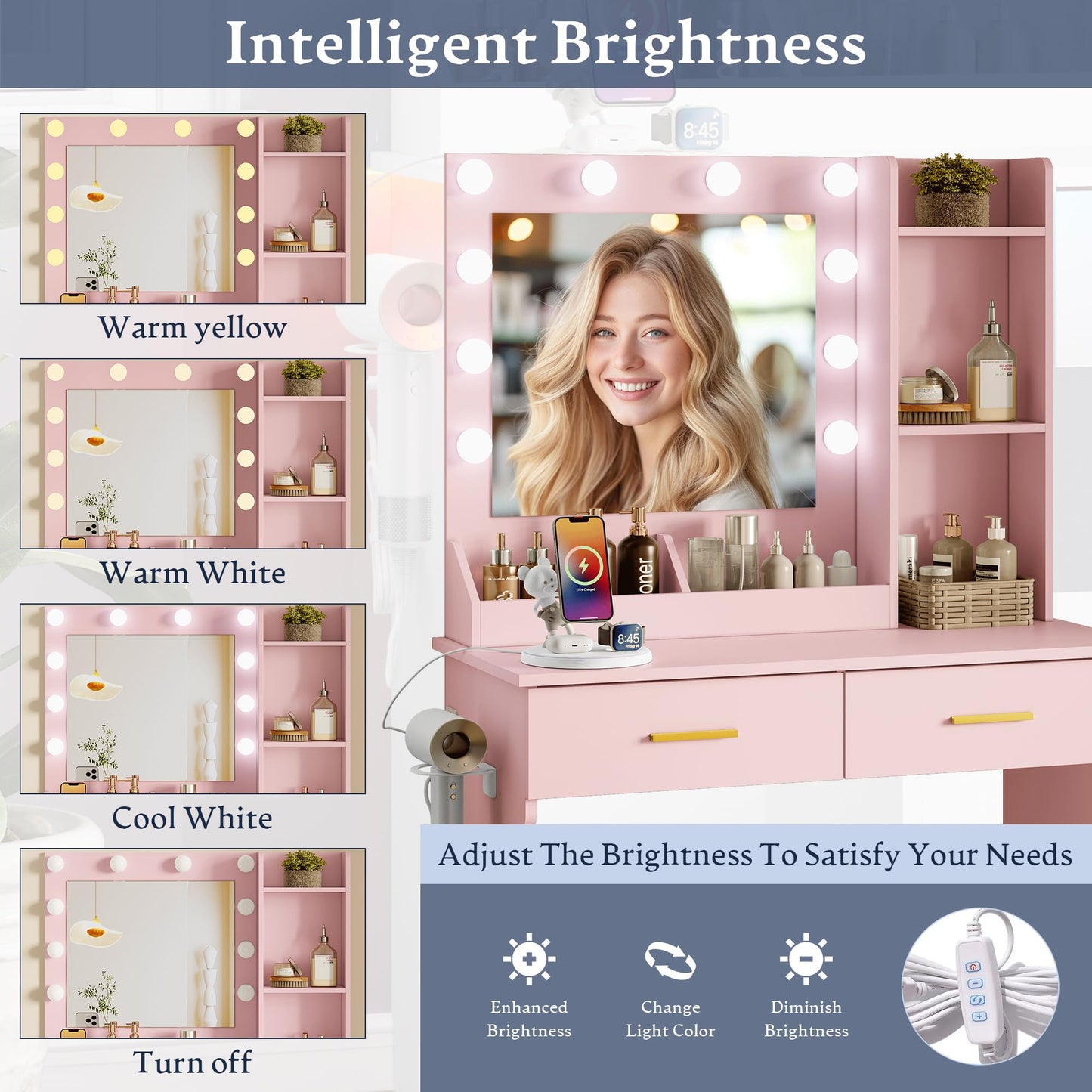 BORNOON Makeup Vanity Desk with Mirror and Lights, Small Makeup Vanity Table Set with Drawers, Power Outlet & Storage Stool, White Vanity with 3 Lighting Modes LED for Women Girls Bedroom