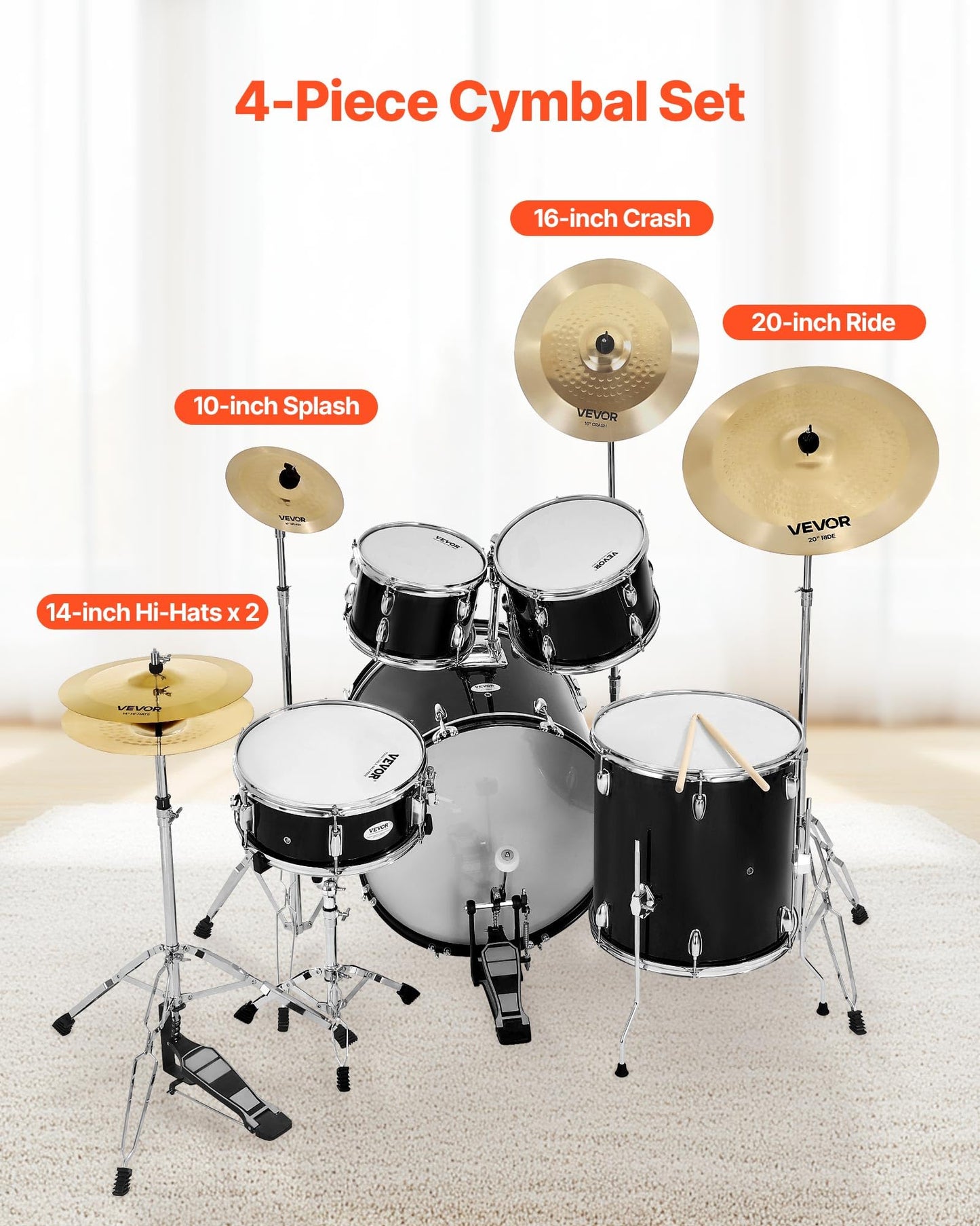 Vevor Cymbal Pack, 4 Pieces Cymbals For Drum Set, Alloy Cymbals Drum Set Includes 14-Inch Hi-Hats, 16-Inch Crash, 20-Inch Ride,
