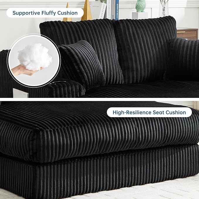 Asukale 60" Oversized Chaise Lounge Chair Indoor, Boneless Cloud Chair Bed with 4 Pillows & Armrests, No Assembly Corduroy Upholstered Sofa for Living Room, Bedroom, Apartment(Black)