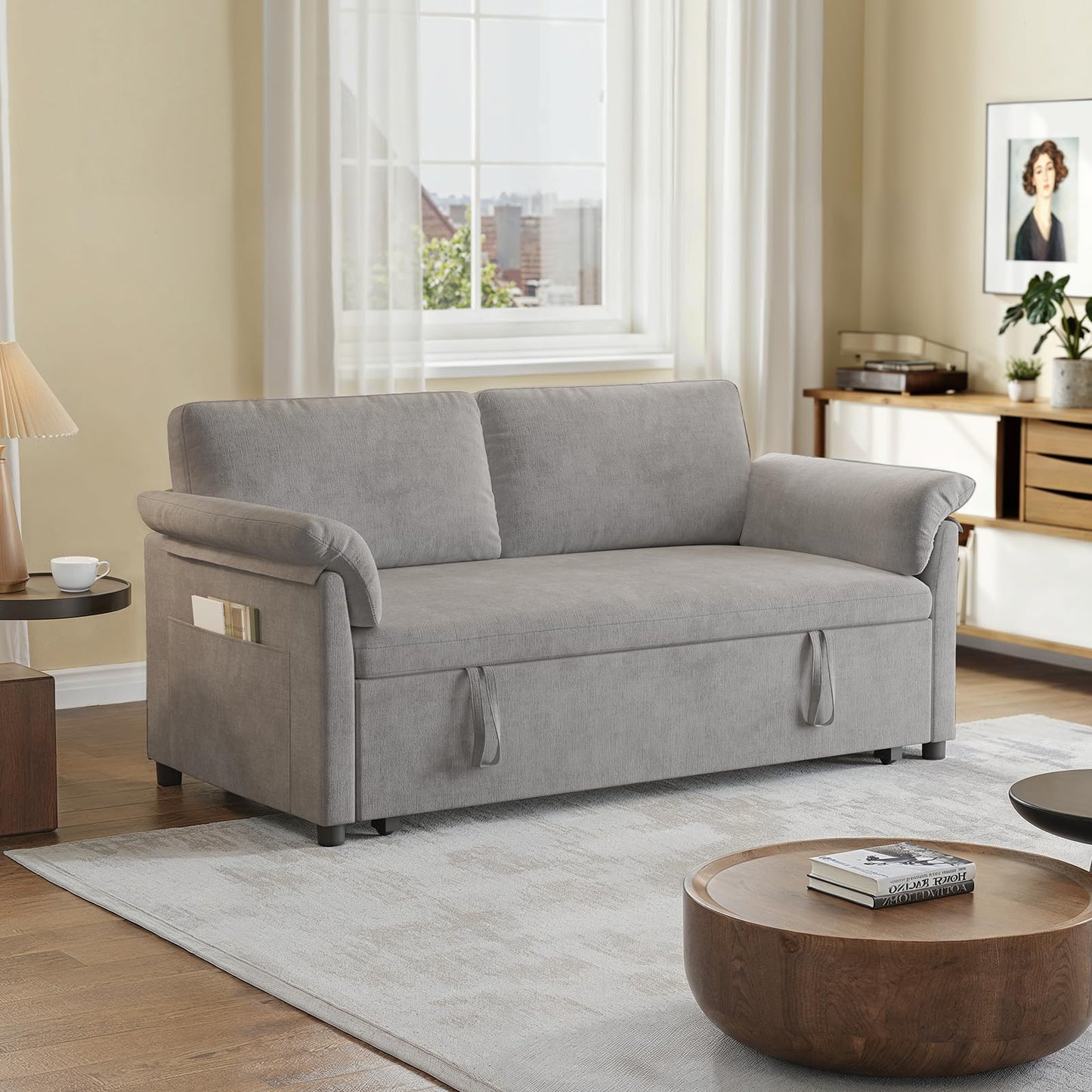 ONBRILL 3 in 1 Pull Out Couch, 59 Inch Convertible Sleeper Sofa Bed,Chenille Sofa Bed w/Adjustable Backrest, Side Pockets, Small Couches for Living Room, Bedroom, Grey