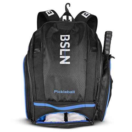 BSLN Pickleball Bag - Large Pickle Ball Sports Backpack with Padded Paddle Pockets & Large Bottom Sack for Shoes - Hanging Fence Hook, Storage Compartments for Laptop, Insulated Water Bottle (blue)