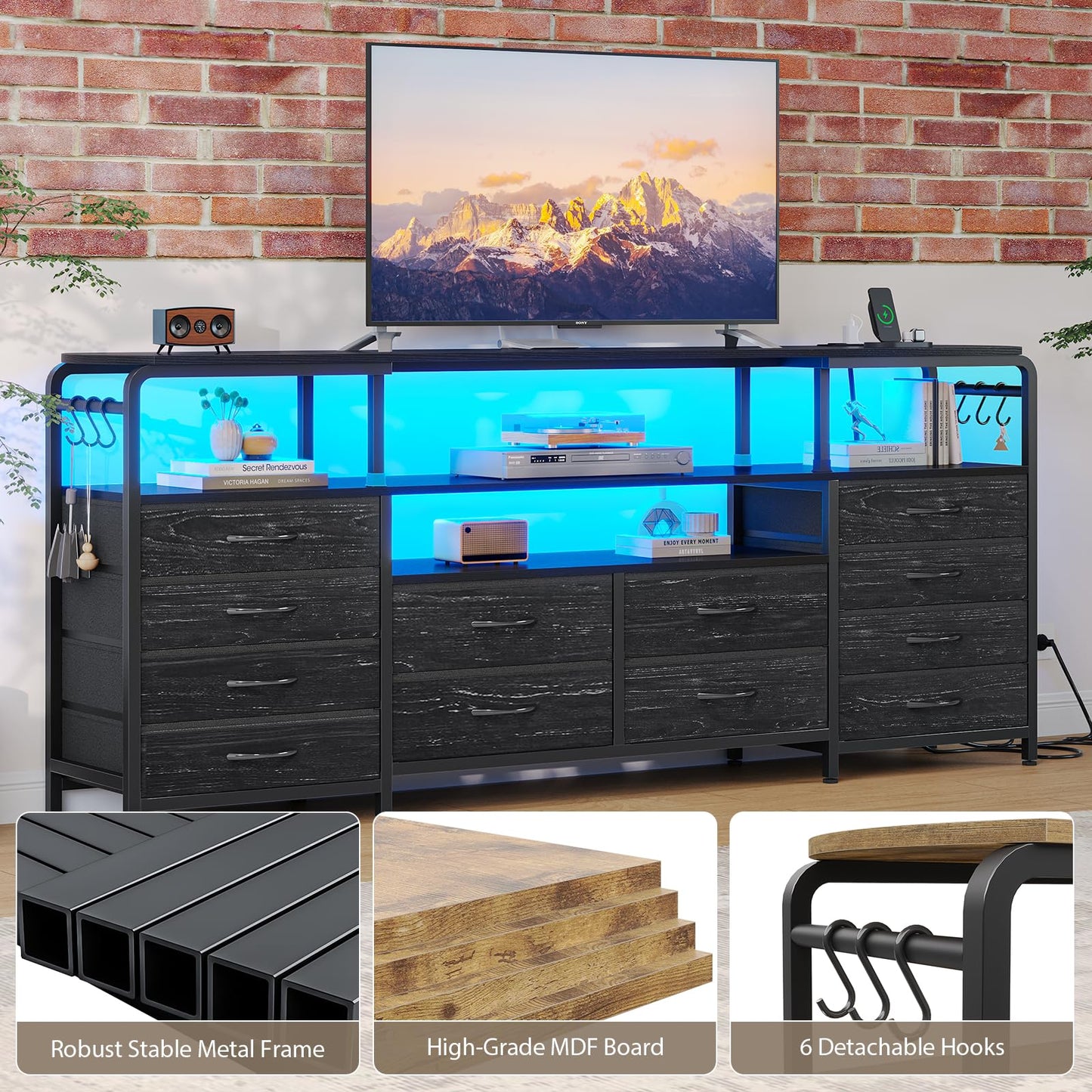 Dnxao 63 inch TV Stand Dresser for Bedroom - Black TV Stand with 12 Drawers, LED Lights & Charging Station | Dresser TV Stand with Storage, Open Shelves | Fits 55-70" TVs