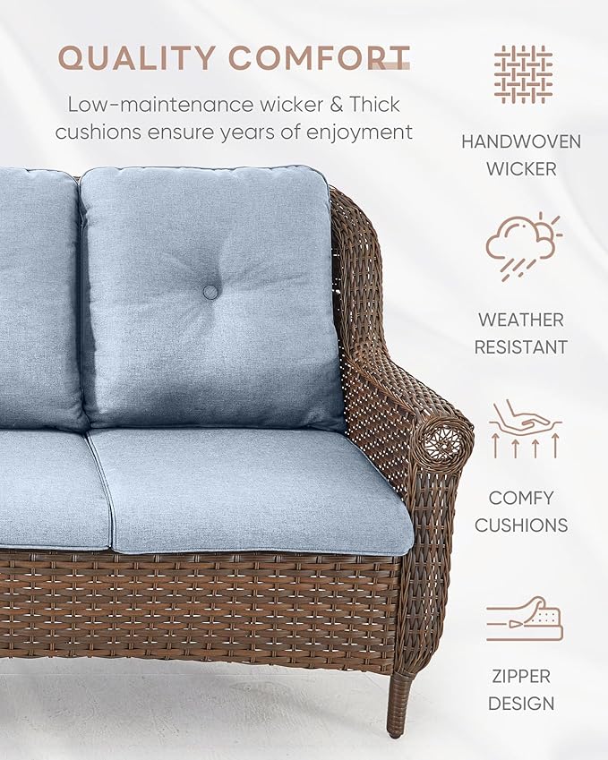 ACTREST Patio Couch Outdoor Wicker Sofa - Heavy Duty All-Weather Brown Rattan 3-Seater with High Back and Comfortable Thick Cushions for Garden Back Porch Poolside Apartment - Baby Blue