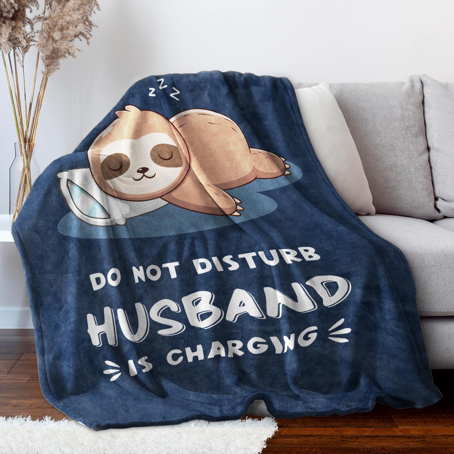 Funny Husband Birthday Gift, Husband is Charging Sloth Blanket, Anniversary Wedding Gifts for Husbands from Wife, Valentines Day Gifts for Him, Soft Sloth Blanket for Husbands 60" x 50"