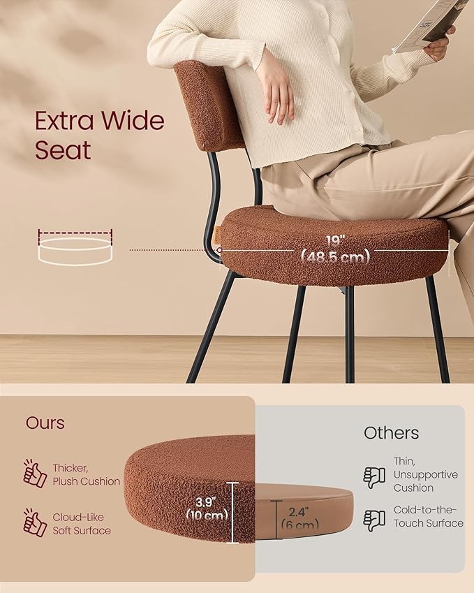 VASAGLE Boucle Dining Chairs Set of 6, Upholstered Kitchen Dining Room Chairs with Curved Backrest and Steel Frame, Modern Mid Century, Round, for Vanity, Living Room, Coffee Brown UKDC110K01-3J