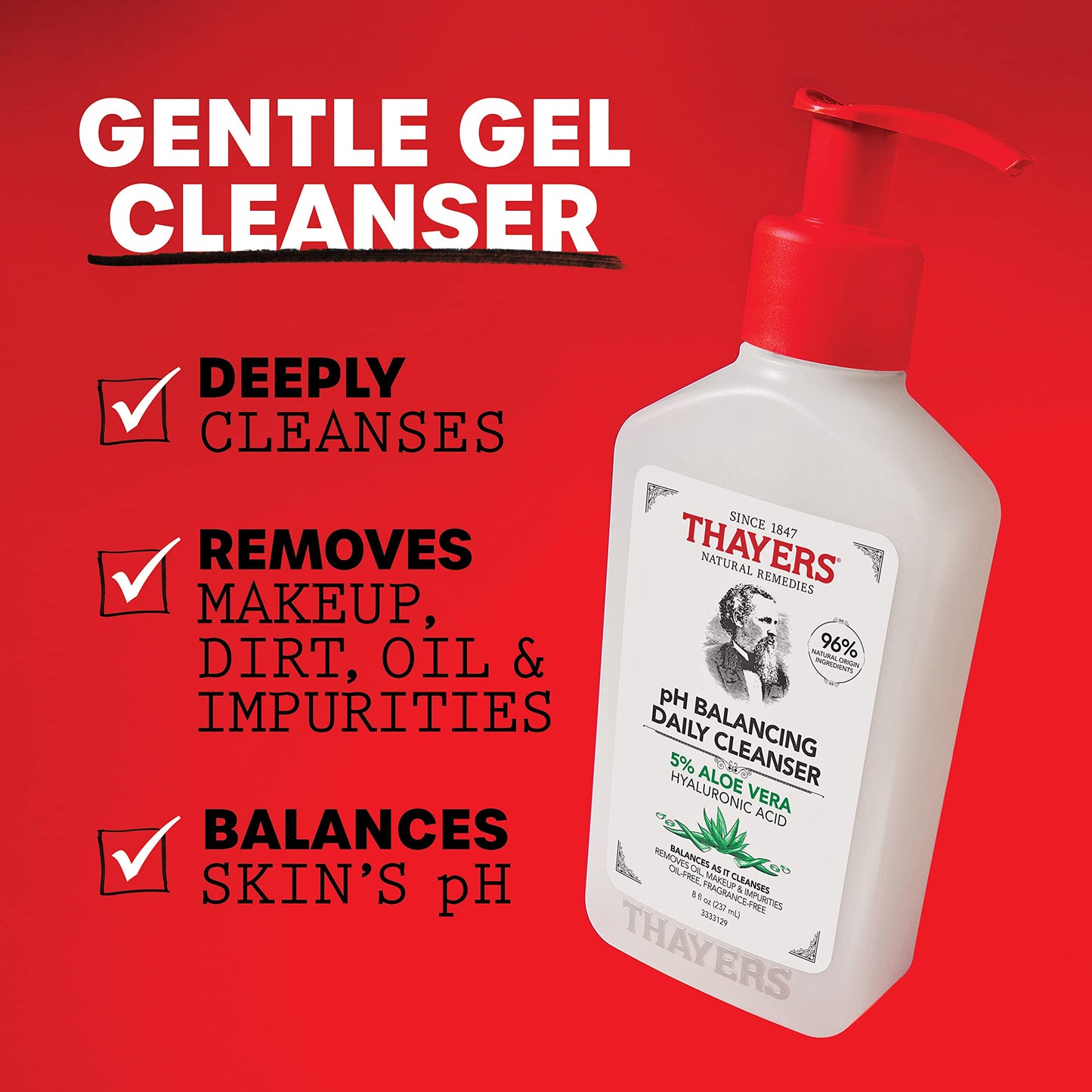 THAYERS pH Balancing Daily Cleanser, Face Wash with Aloe Vera, Gentle and Hydrating Skin Care for Dry, Oily, or Acne Prone Skin,