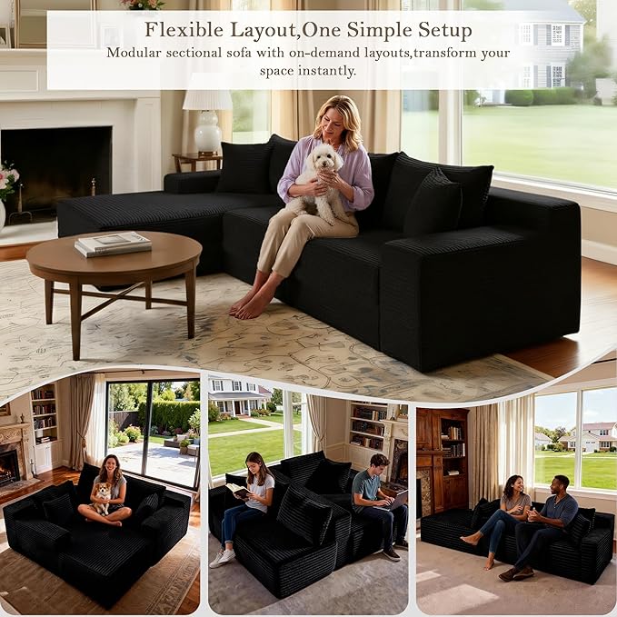 105’’ L-Shape Modular Sectional Sofa with Chaise, Convertible Cloud Couch, Corduroy Fabric & High-Density Memory Foam, No Assembly Required for Living Room (Black, Left Facing Chaise)