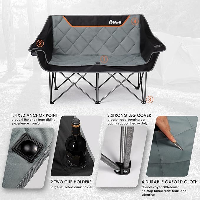EMERIT Oversized Camping Chair with 650LB Capacity - Heavy Duty Folding Loveseat Camping Couch with Deep Seat & Rip-Resistant Fabric, Padded Comfort, Cup Holders for Outdoor, Lawn & Sports. | 650lb capacity, ripstop polyester, No center bar, cross-brac...