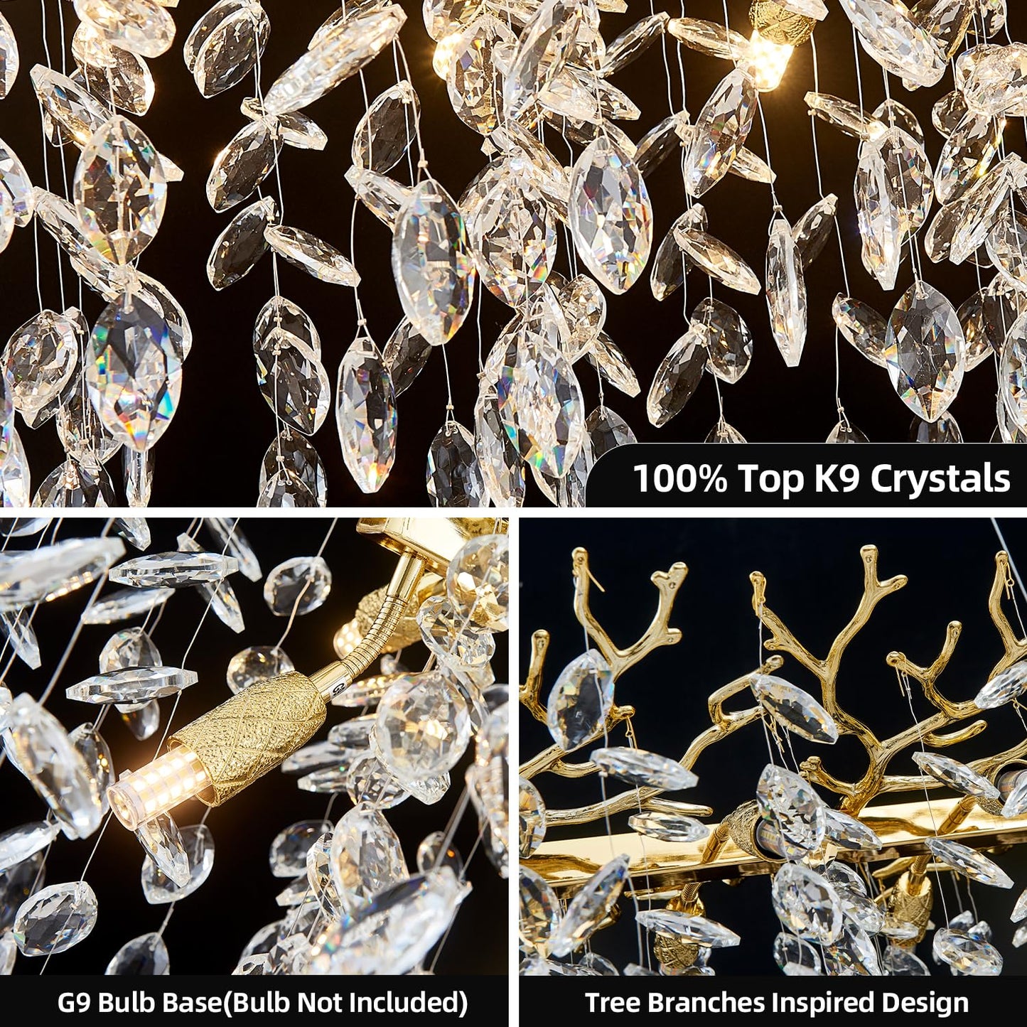 KJLARS Modern Rectangular Chandelier, 47.3" Gold Crystal Tree Branch Chandelier 14 Lights Luxury Raindrop Light for Dining Room, Kitchen Island, Living Room