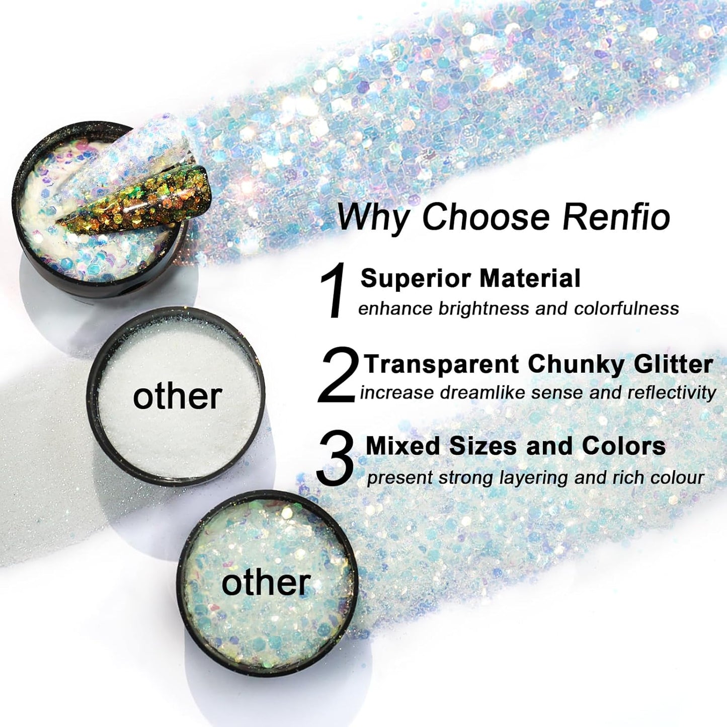 Renfio Opal Chunky Glitter, 1.75oz/50g Blue High Sparkle for Crafts - Holographic Fine Mix Iridescent Flakes for Resin, Nails, Art, Hair, DIY, Snow Globe - Azure Sky
