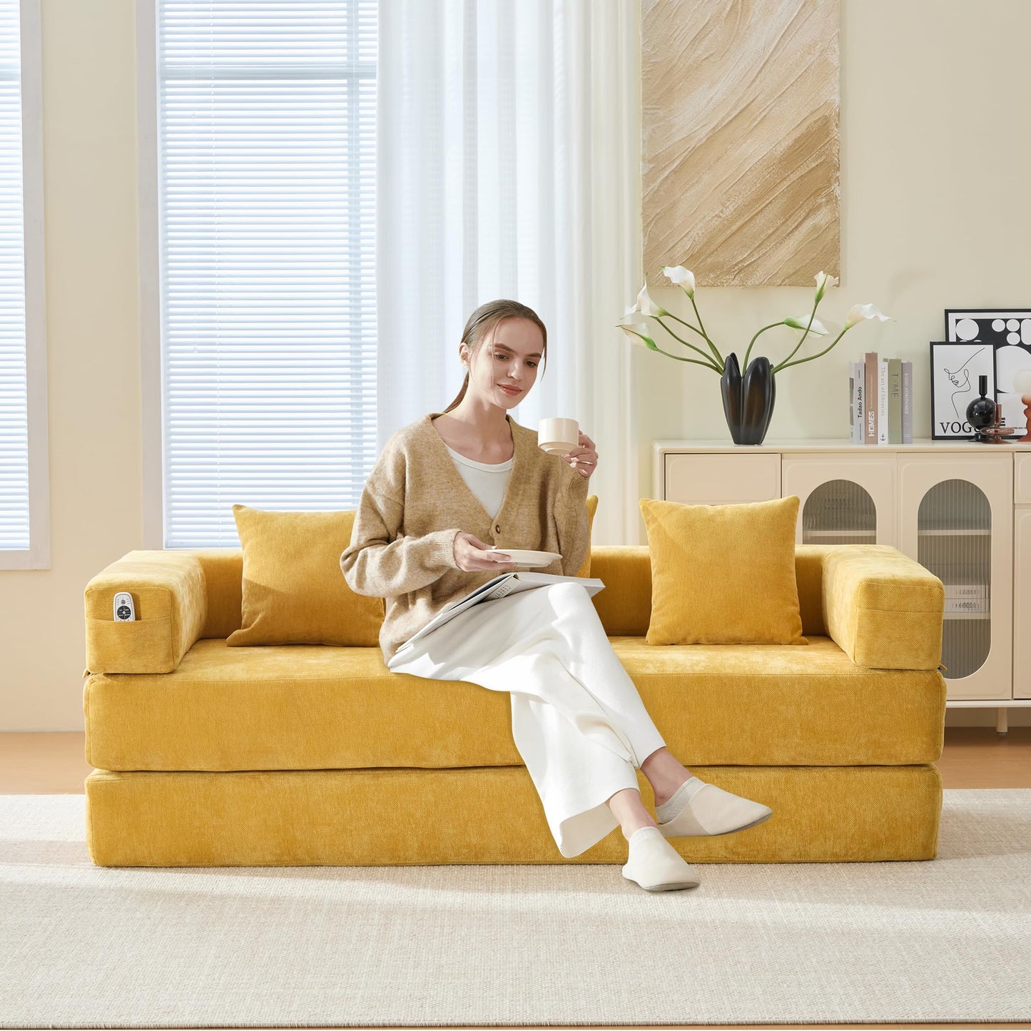 ZEIINPA Convertible Floor Sofa Bed with Storage Pocket, Chenille Folding Mattress Sofa with Zipper Closure, Floor Lounge Couch for Living Room, Bedroom, Studio -Yellow