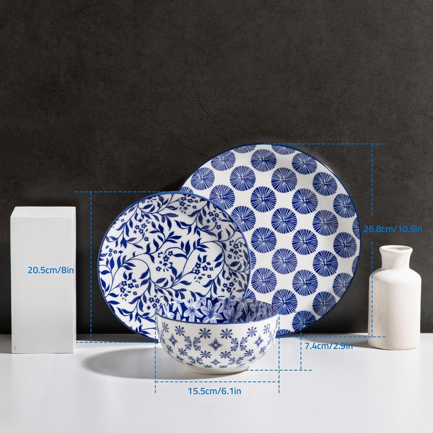 Sweejar 24 Pieces Ceramic Dinnerware Sets, Handmade Plates and Bowls Sets, Highly Scratch Resistant Dishes Set for Kitchen,Porcelain Dishwasher & Microwave Safe Dishes Set,Service for 8 (Vintage Blue)
