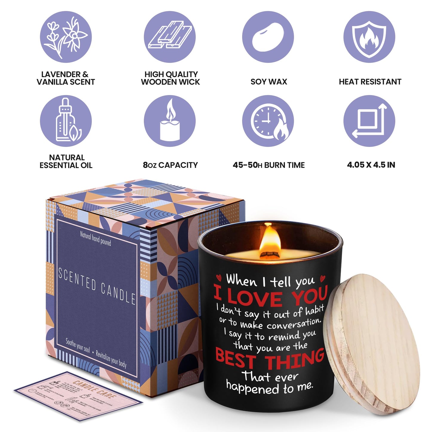 Anniversary Wedding, Birthday Gifts for Her Him - Love Romantic Gifts for Wife, Girlfriend, Boyfriend, Husband, Couples - Lavender & Vanilla Scented Candle
