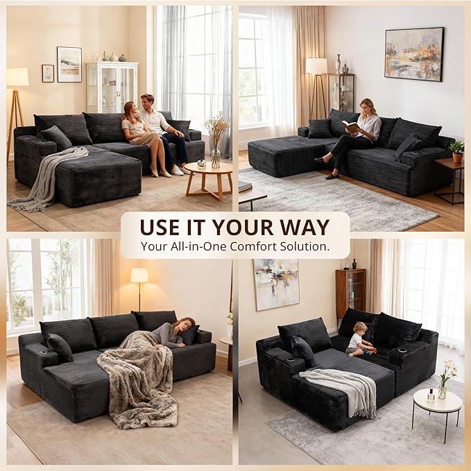 105" Cloud Sectional Couch with L-Shape Chaise, Modular Sectional Sofa with Deep Seat & 2 Cup Holders, Modern Corduroy Boneless Couches for Living Room, No Assembly Required, Left Facing Chaise, Black | Pet Friendly, Flexible Layout