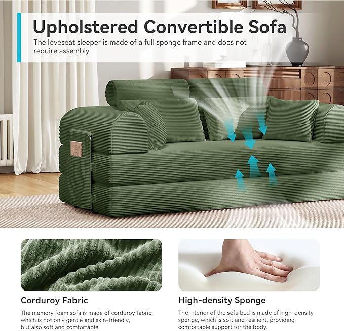 ZQRhome Convertible Folding Couch Bed, Comfy Corduroy Sleeper Floor Sofa Bed with Fixed-Shape Frame, Floor Sofa with Armrest, Lounge Couch for Living Room Bedroom Lounge Studio, High Backrest Green