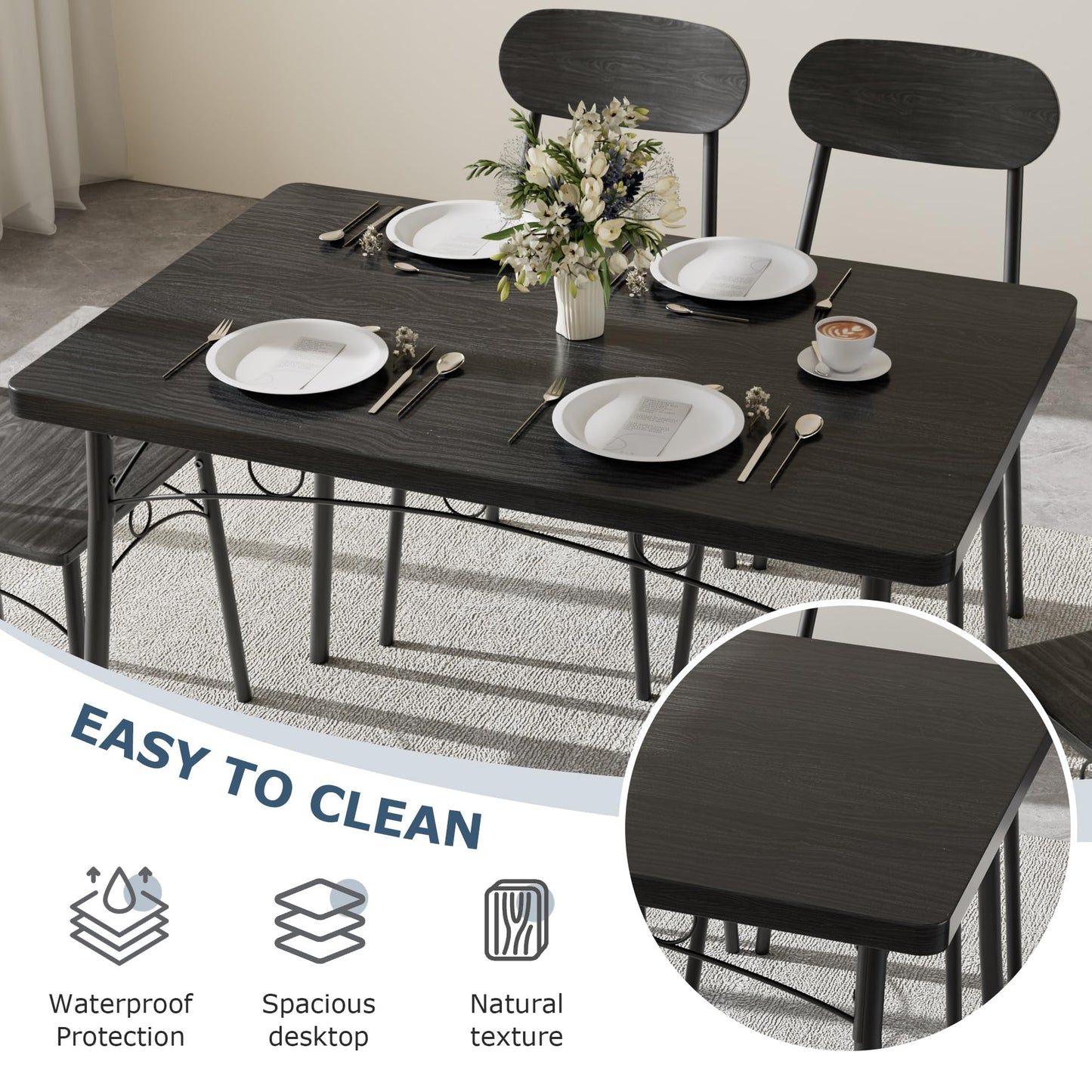 VECELO Dining Table Set for 4, 5-Piece Kitchen Table with 4 Chairs, MDF Board Tabletop with Metal Frame for Small Space, Compact Dinette, Breakfast Nook, Black