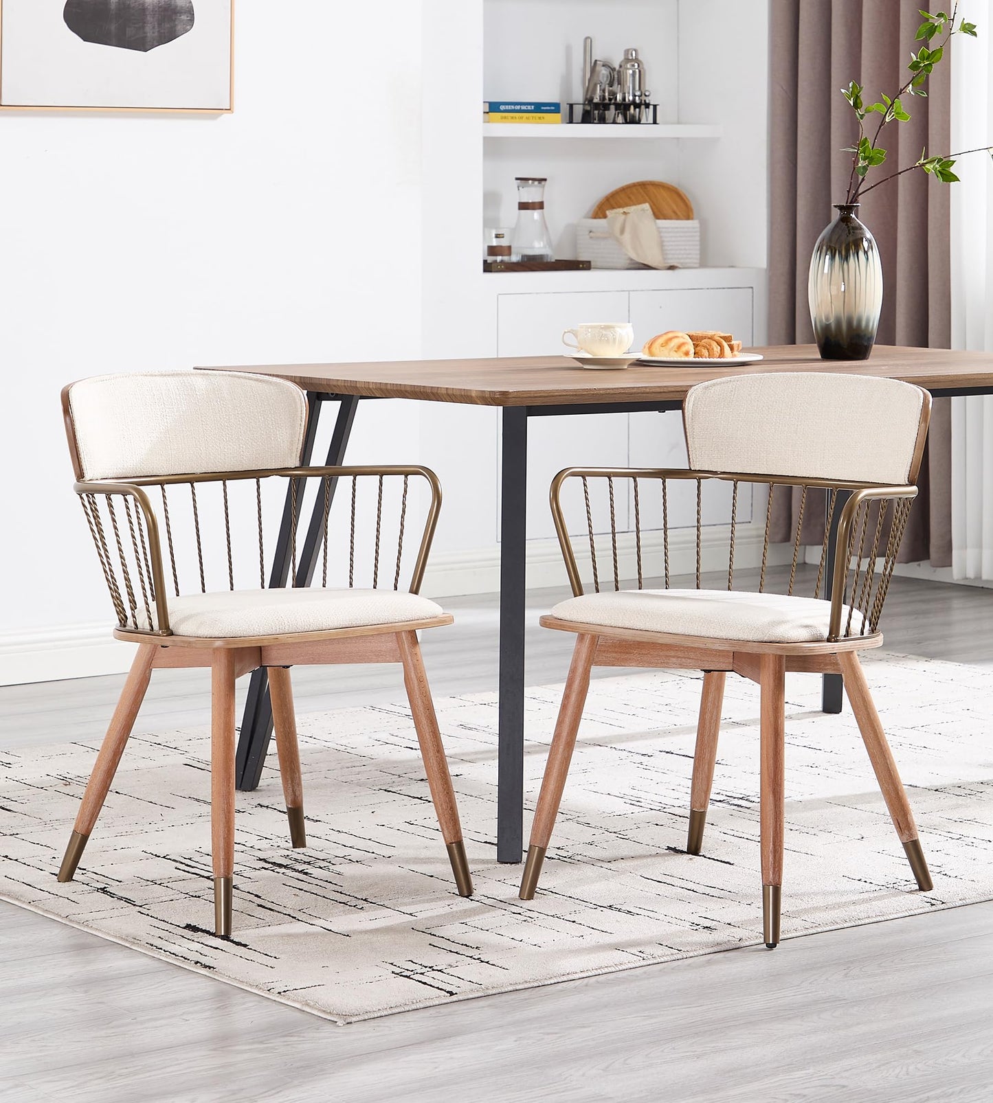 Linen Upholstered Dining Room Chairs Set of 2, Spindle Back Wooden Chairs, Mid Century Modern Dining Chairs with Arms & Metal Legs, Industrial Side Armchairs for Living Room/Restaurant,Beige