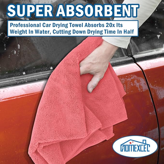 HOMEXCEL Professional Large Microfiber Car Drying Towels 2 Pack, Lint Free, Scratch Free, Highly Absorbent Drying Towel for Cars, SUVs, RVs, Trucks, and Boats,31" x 24",Red