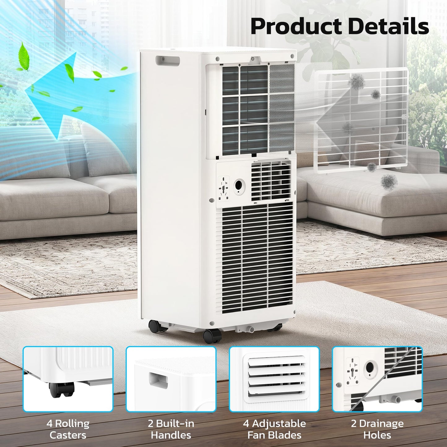 8000 BTU Portable Air Conditioners for Rooms up to 450 Sq Ft, 4 Modes Portable AC Unit with Remote Control & 24H Timer, Cool/Fan/Dry/Sleep, Installation Kits & Energy Saving for Bedroom, Apartments