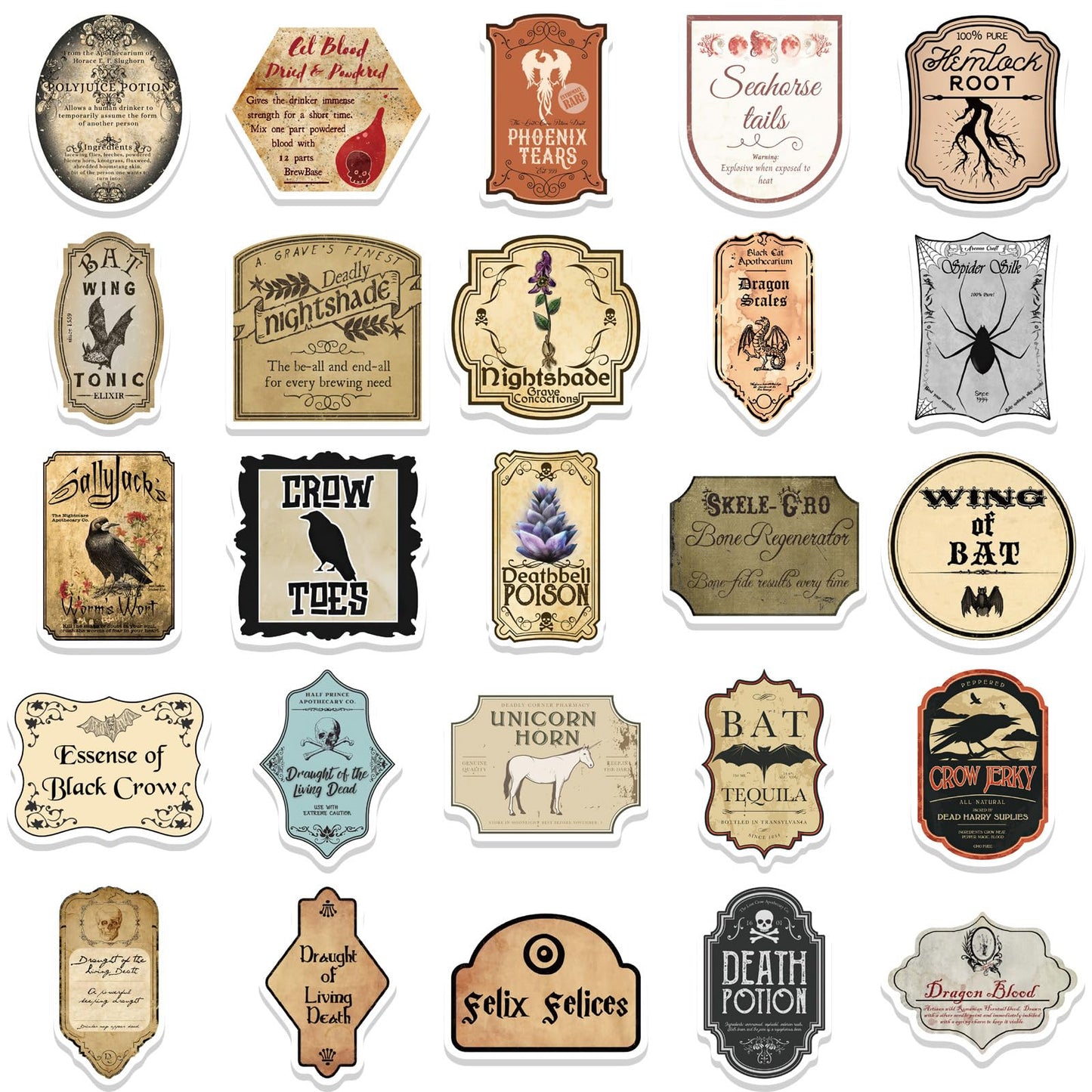 TWGOGOTIC Potion Label Stickers 50Pcs Magic Potion Stickers Water Bottle Waterproof Aesthetic Vinyl Laptop Luggage Skateboard Computer Stickers for Kids Teens Adult